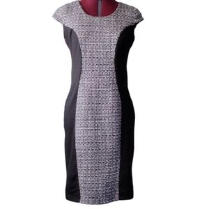 Sheath fitted black stretch knit & twill size M cap sleeves rounded neck